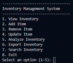 Inventory Tracker running in a terminal