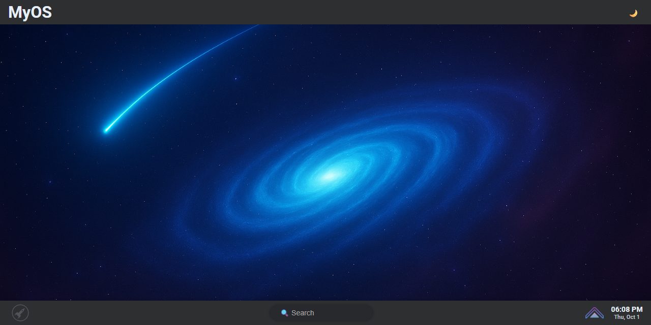 MyOS desktop: a galaxy wallpaper with a taskbar, search and clock